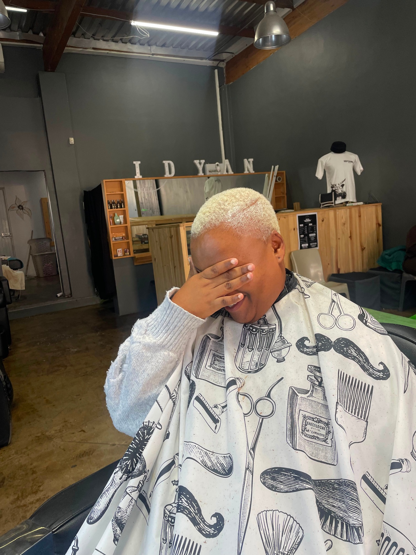 Short hair bleached to a blonde white finish