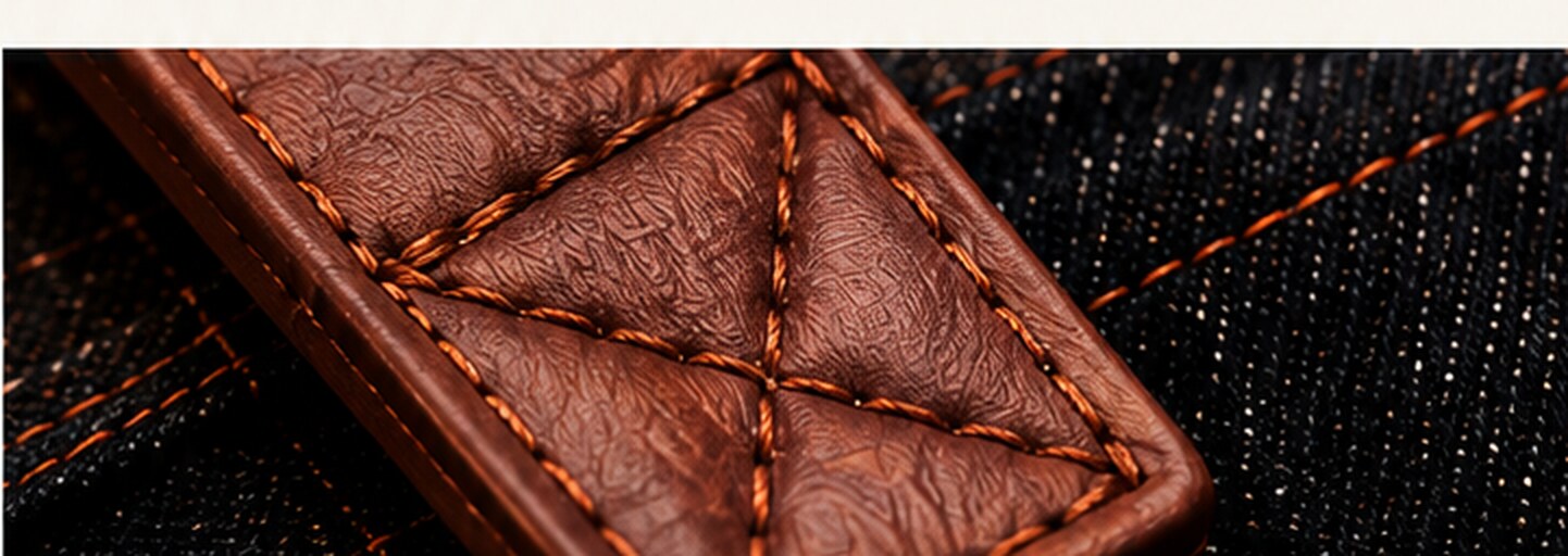 Reinforced cross-stitched leather strap on denim
